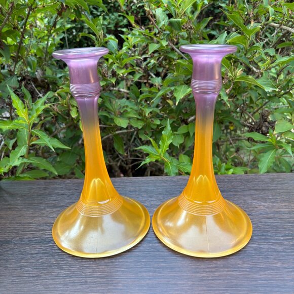 Pair of Vintage Satin Pressed Glass Candle Holders with Amber Purple Gradient - Picture 5 of 15